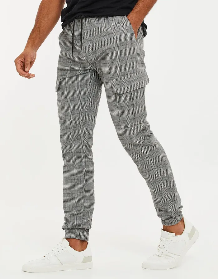 Men Grey Check Slim Fit Cargo Style Trousers Grey Threadbare Trousers and Cargos