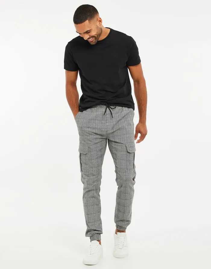 Men Grey Check Slim Fit Cargo Style Trousers Grey Threadbare Trousers and Cargos Men Grey Check Slim Fit Cargo Style Trousers Grey Threadbare Trousers and Cargos