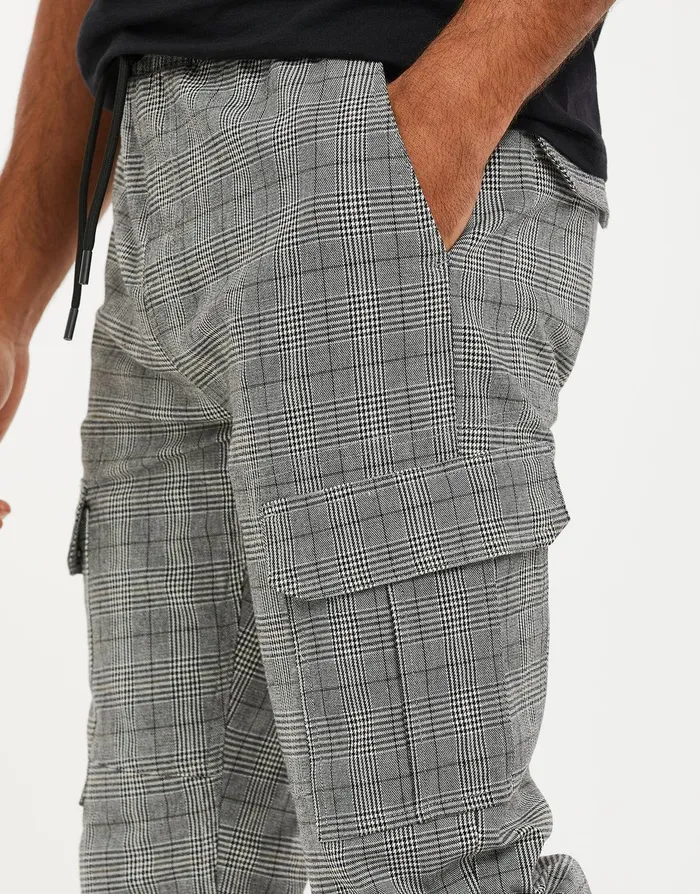 Men Grey Check Slim Fit Cargo Style Trousers Grey Threadbare Trousers and Cargos Men Grey Check Slim Fit Cargo Style Trousers Grey Threadbare Trousers and Cargos