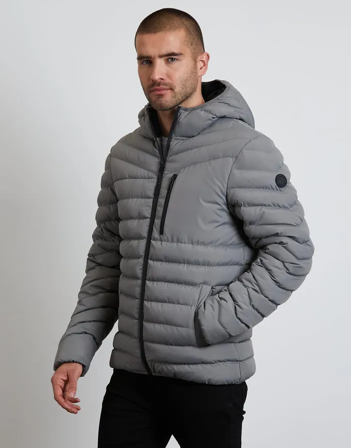 Men Grey Hooded Puffer Jacket Slate Threadbare Jacket and Coats