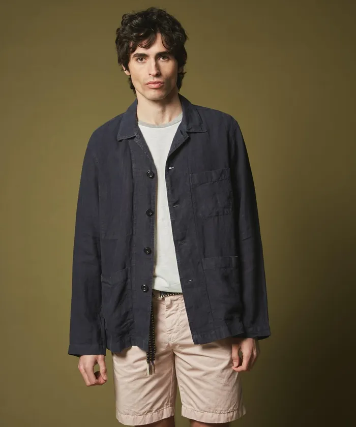 Men Hartford Jackets and Outerwear Navy Linen Perry Jacket