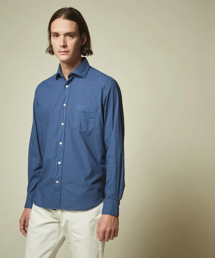 Men Hartford Shirts Denim Blue Cotton Voile Paul Regular Shirt