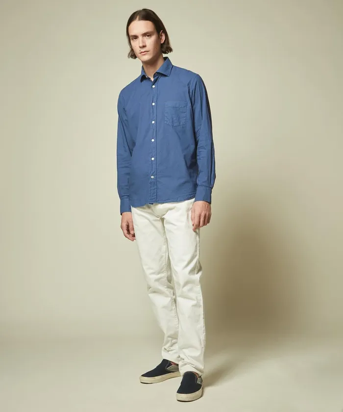 Men Hartford Shirts Denim Blue Cotton Voile Paul Regular Shirt