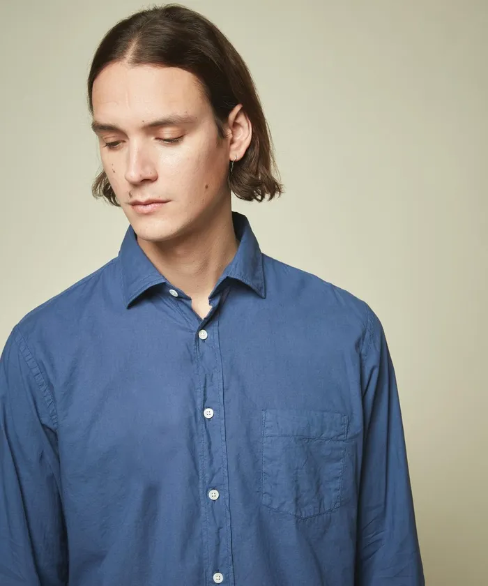 Men Hartford Shirts Denim Blue Cotton Voile Paul Regular Shirt