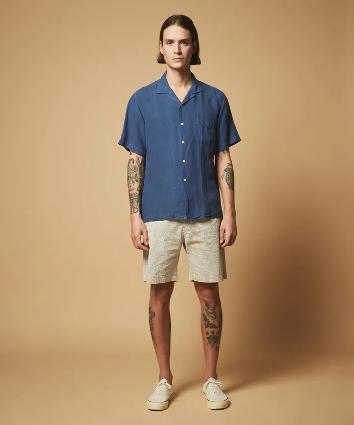 Men Hartford Shirts Denim Blue Linen Palm Regular Shirt