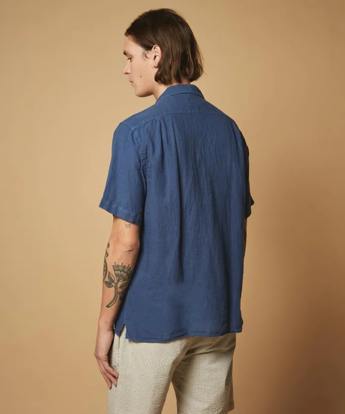 Men Hartford Shirts Denim Blue Linen Palm Regular Shirt