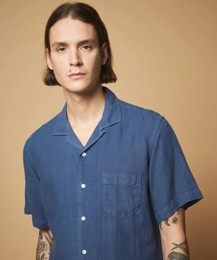 Men Hartford Shirts Denim Blue Linen Palm Regular Shirt