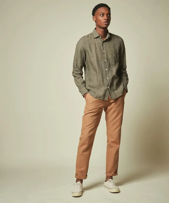 Men Hartford Shirts Regular Paul Shirt In Army Green Linen Chambray