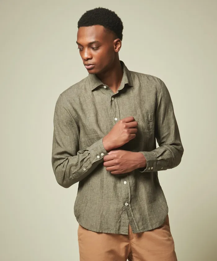 Men Hartford Shirts Regular Paul Shirt In Army Green Linen Chambray