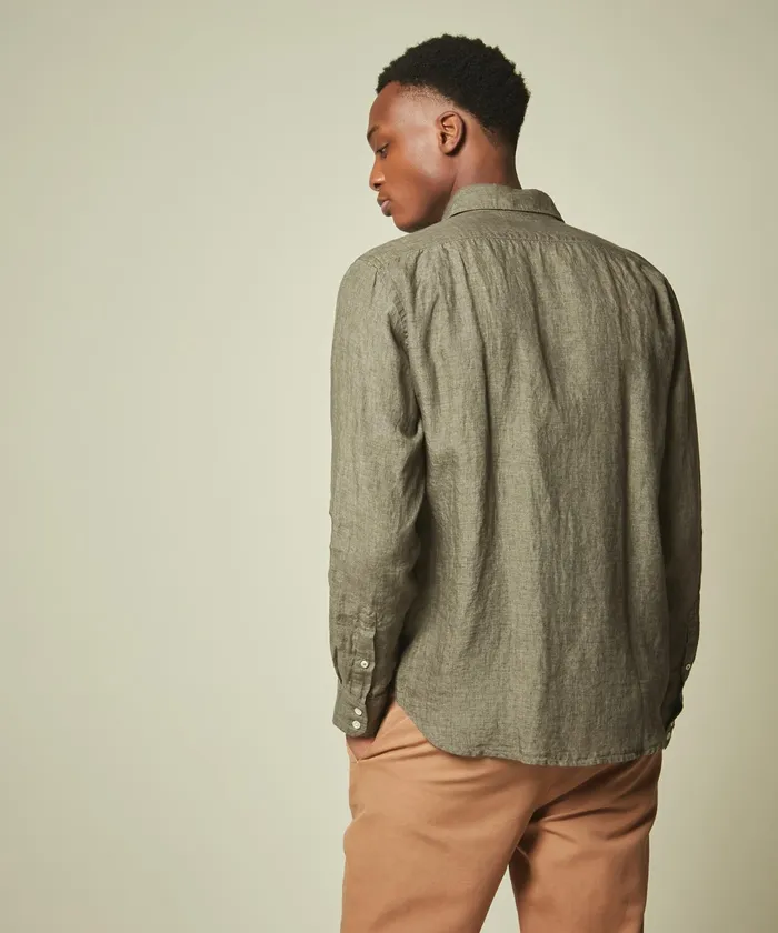 Men Hartford Shirts Regular Paul Shirt In Army Green Linen Chambray