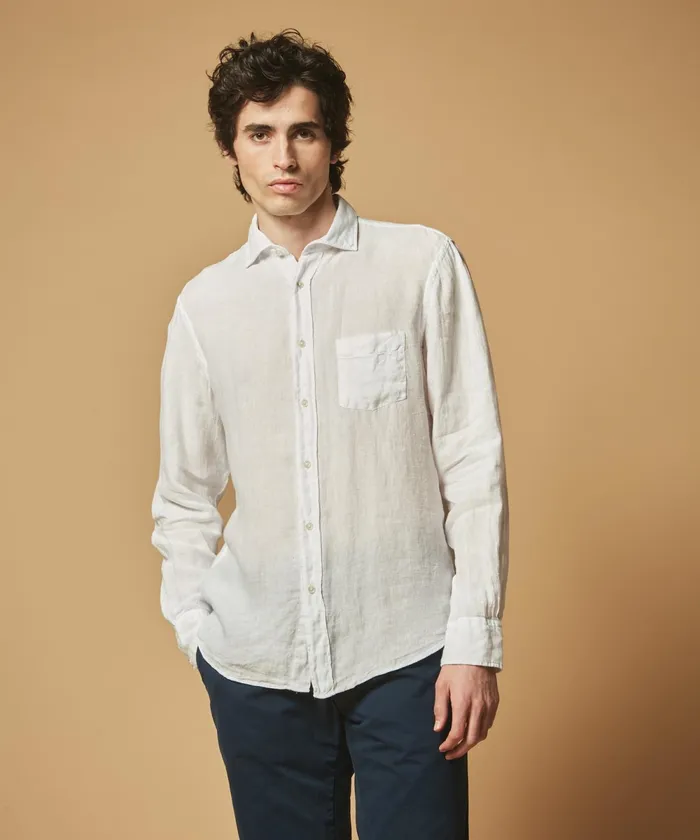 Men Hartford Shirts White Linen Paul Regular Shirt