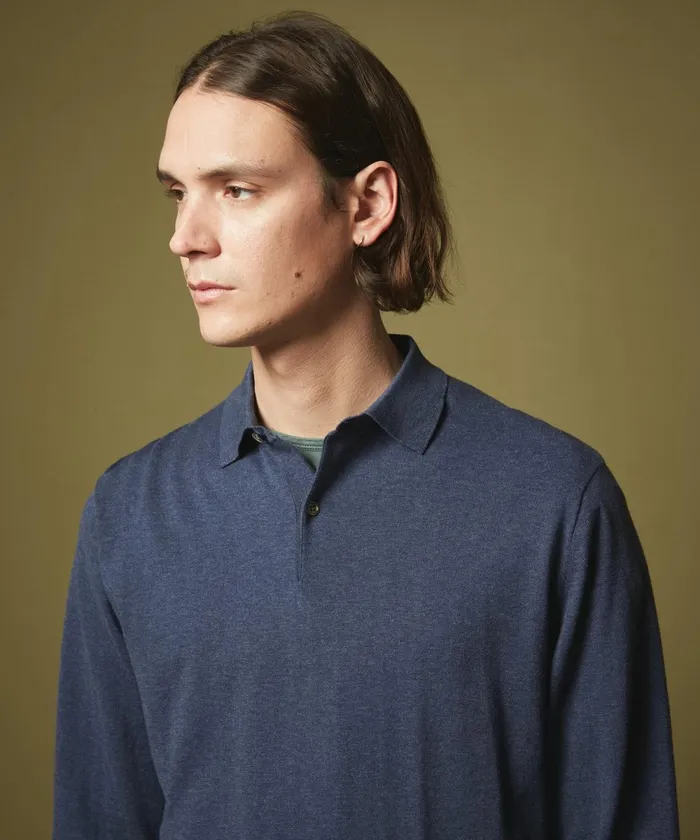 Men Hartford Sweaters Denim Blue Light Cotton Polo Sweater