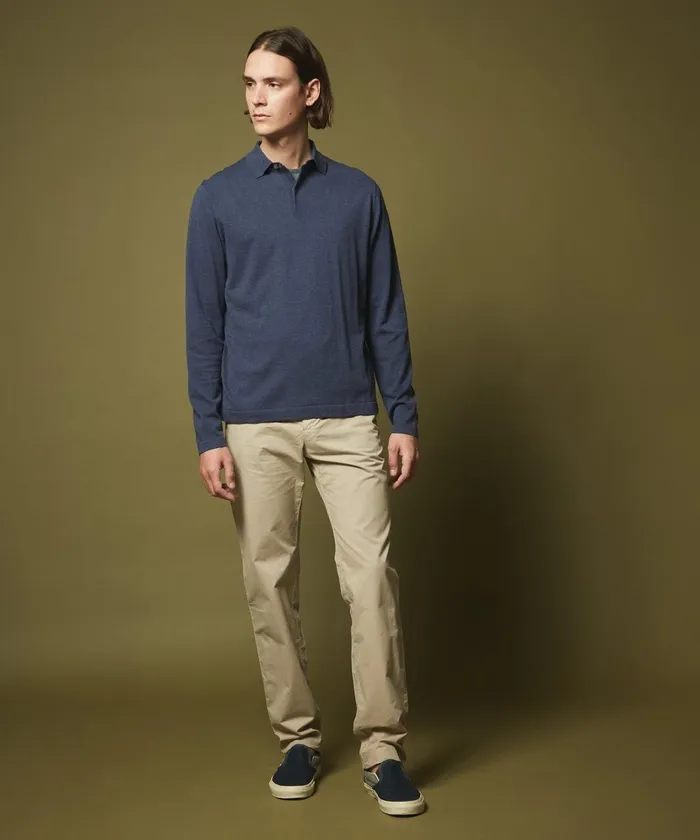 Men Hartford Sweaters Denim Blue Light Cotton Polo Sweater
