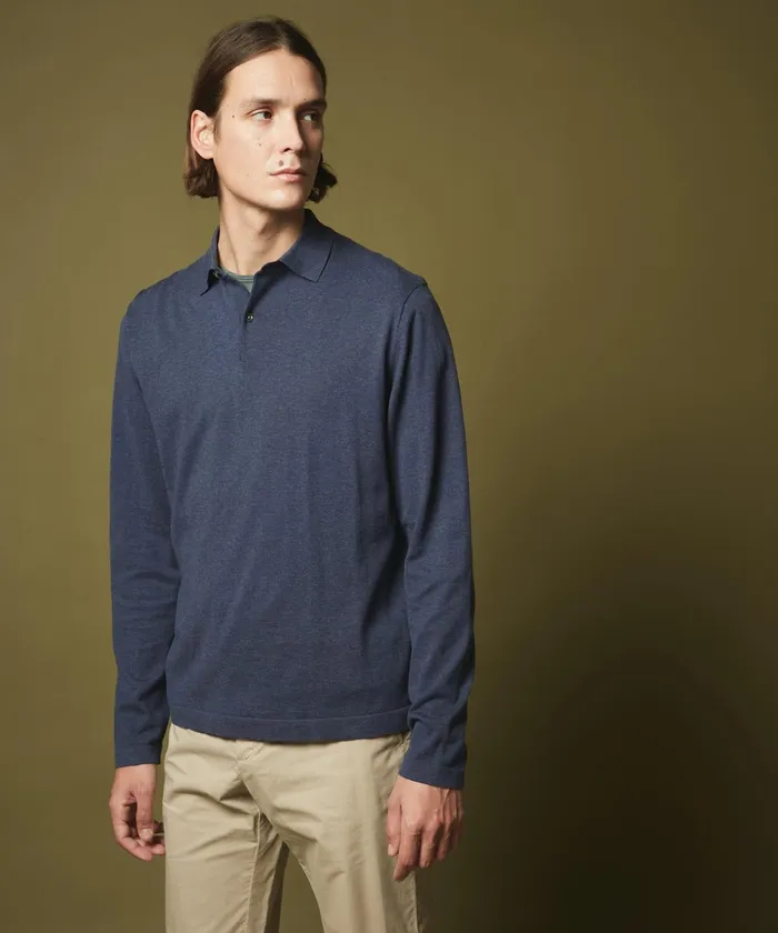 Men Hartford Sweaters Denim Blue Light Cotton Polo Sweater