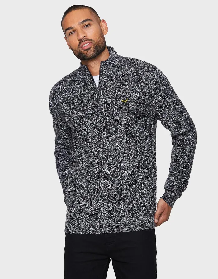 Men Jet Black Ecru Twist Quarter Zip Jumper Black Ecru Threadbare Knitwear
