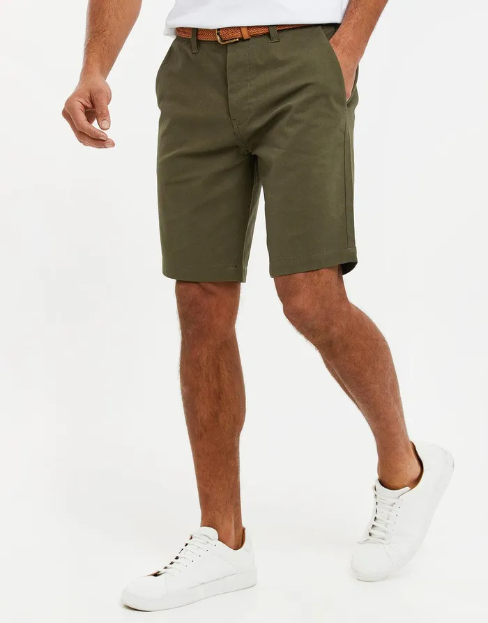 Men Khaki Belted Chino Shorts Khaki Threadbare Shorts