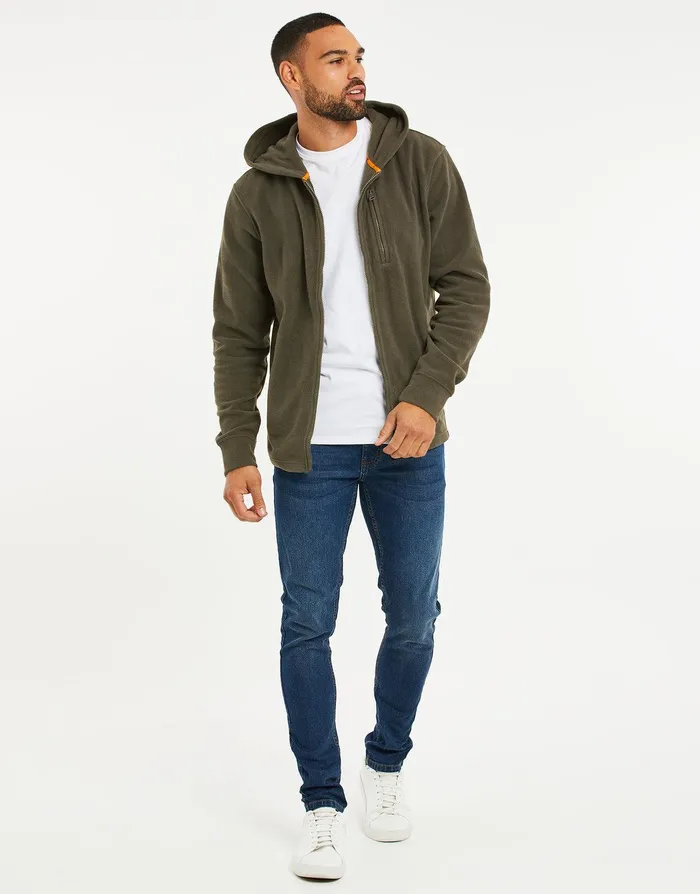 Men Khaki Fitness Fleece ZipThrough Hoodie Khaki Threadbare Hoodies