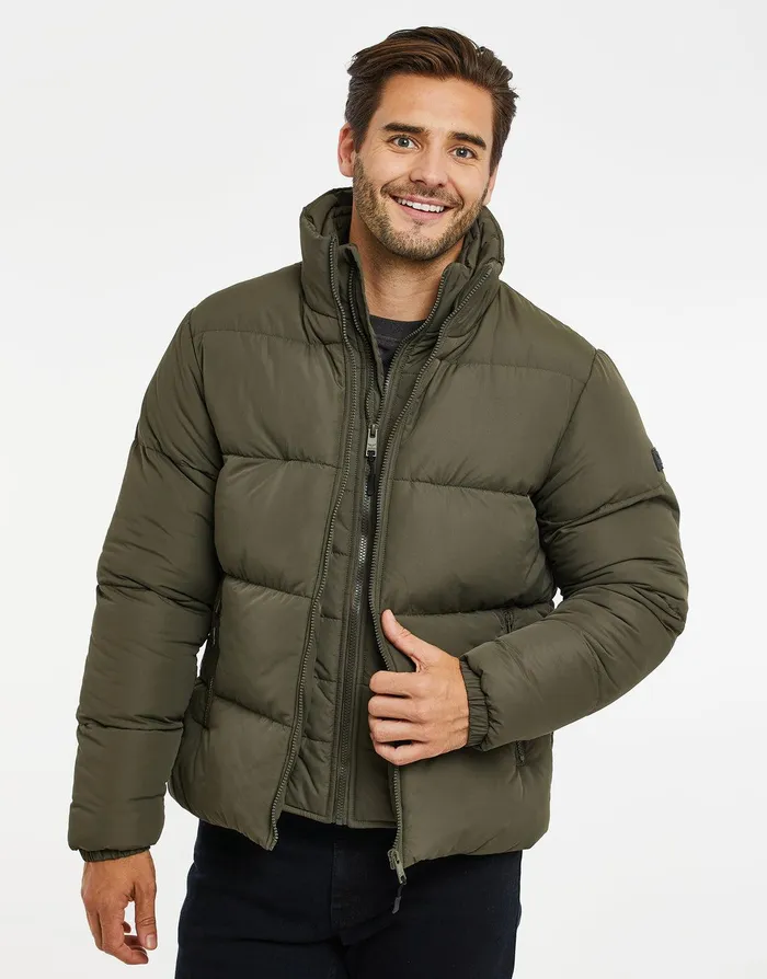 Men Khaki Mock Layer Puffer Jacket Khaki Threadbare Jacket and Coats