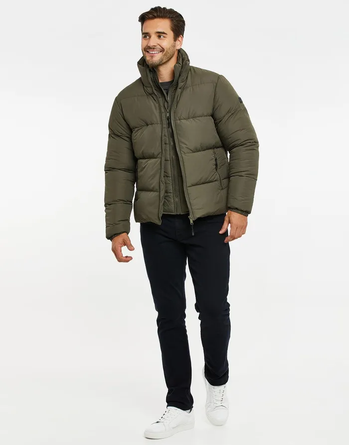 Men Khaki Mock Layer Puffer Jacket Khaki Threadbare Jacket and Coats Men Khaki Mock Layer Puffer Jacket Khaki Threadbare Jacket and Coats
