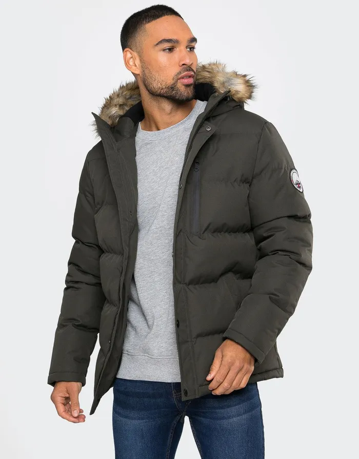 Men Khaki Parka Jacket Khaki Threadbare Jacket and Coats
