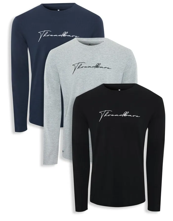 Men Large Script Long Sleeve Crew Neck TShirts 3 Pack Black Grey Marl Navy Threadbare TShirts Men Large Script Long Sleeve Crew Neck TShirts 3 Pack Black Grey Marl Navy Threadbare TShirts