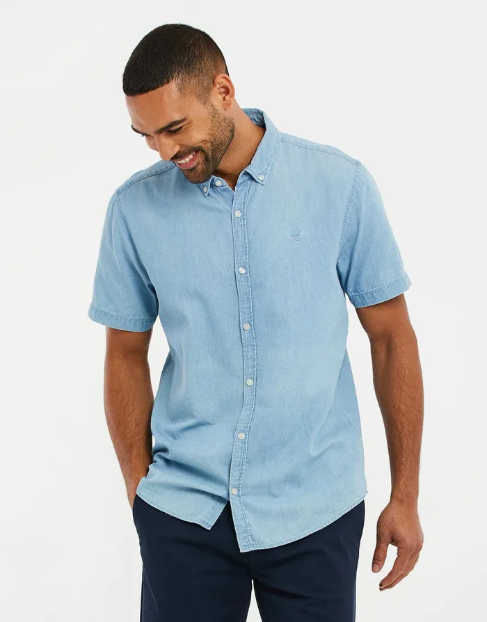 Men Light Blue Wash Short Sleeve Denim Shirt Light Blue Threadbare Shirts