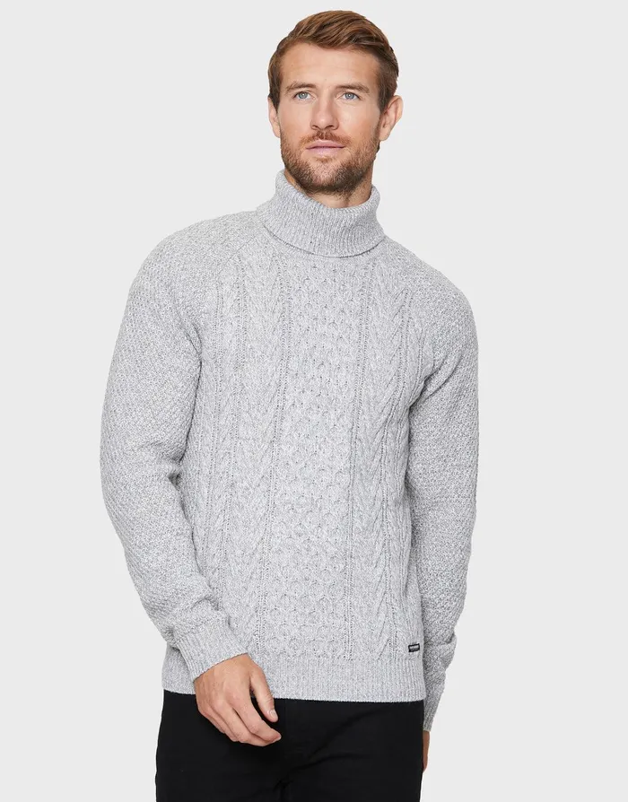 Men Light Grey Roll Neck Cable Knit Jumper Light Grey Ecru Twist Threadbare Knitwear Men Light Grey Roll Neck Cable Knit Jumper Light Grey Ecru Twist Threadbare Knitwear