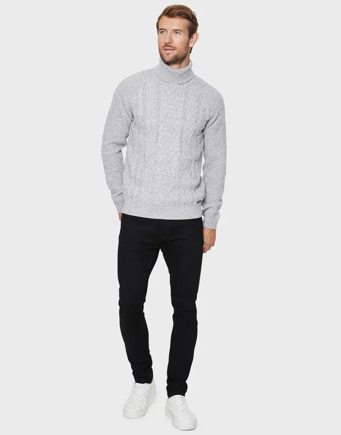 Men Light Grey Roll Neck Cable Knit Jumper Light Grey Ecru Twist Threadbare Knitwear Men Light Grey Roll Neck Cable Knit Jumper Light Grey Ecru Twist Threadbare Knitwear