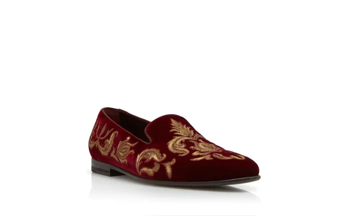 Men Loafers Manolo Blahnik MARIO Dark Red And Gold Velvet Macram Loafers