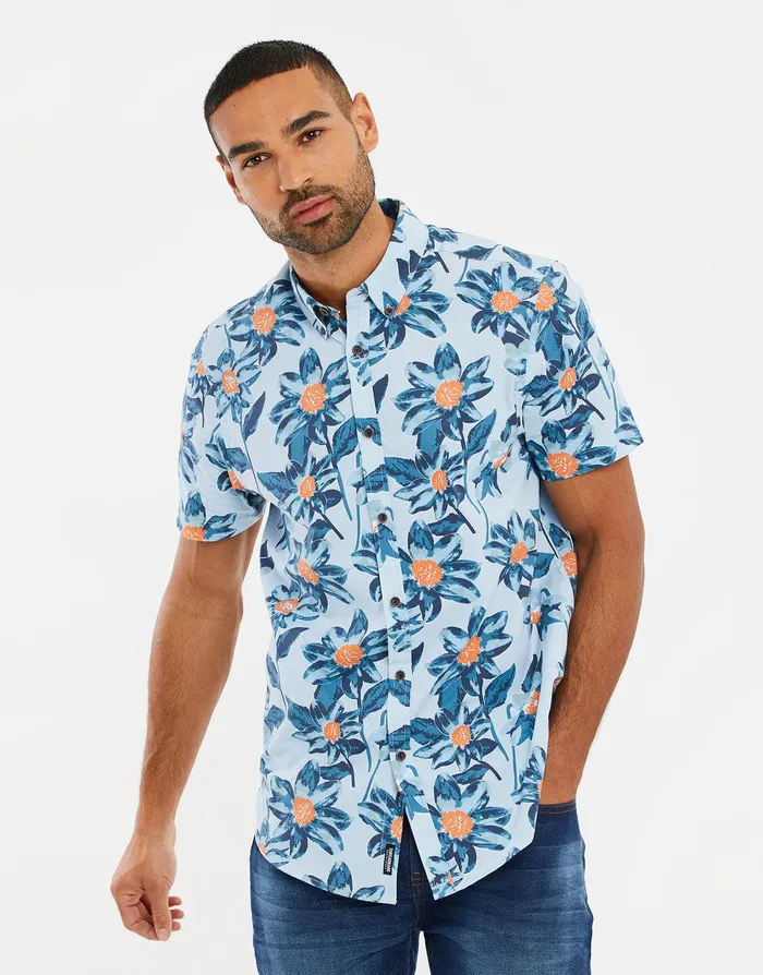 Men Mint Floral Print Short Sleeve Shirt Mint Threadbare Shirts