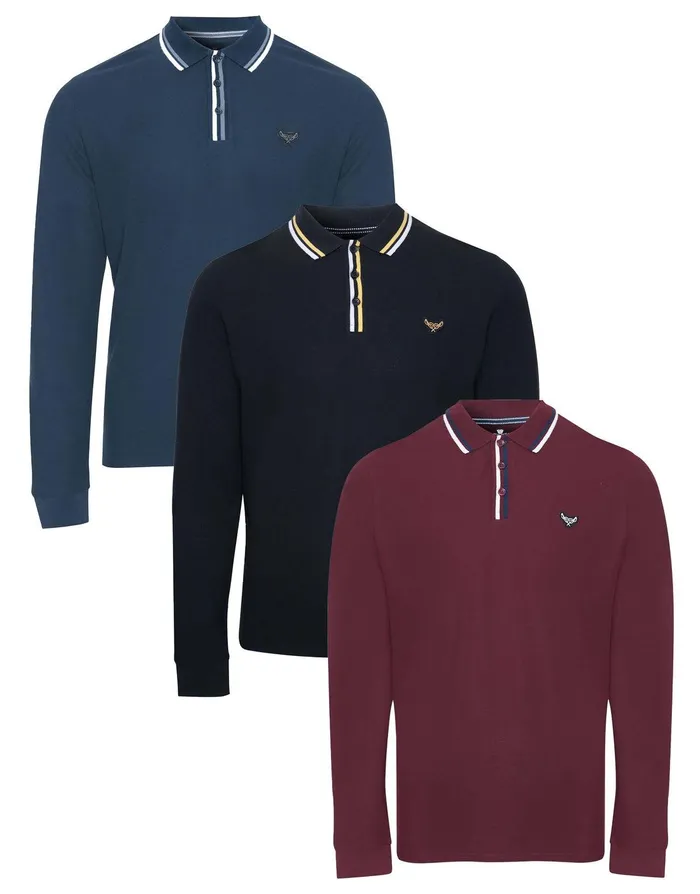 Men Multi Long Sleeve Polo Shirts 3 Pack Black Navy Burgundy Threadbare Polo Shirts Men Multi Long Sleeve Polo Shirts 3 Pack Black Navy Burgundy Threadbare Polo Shirts