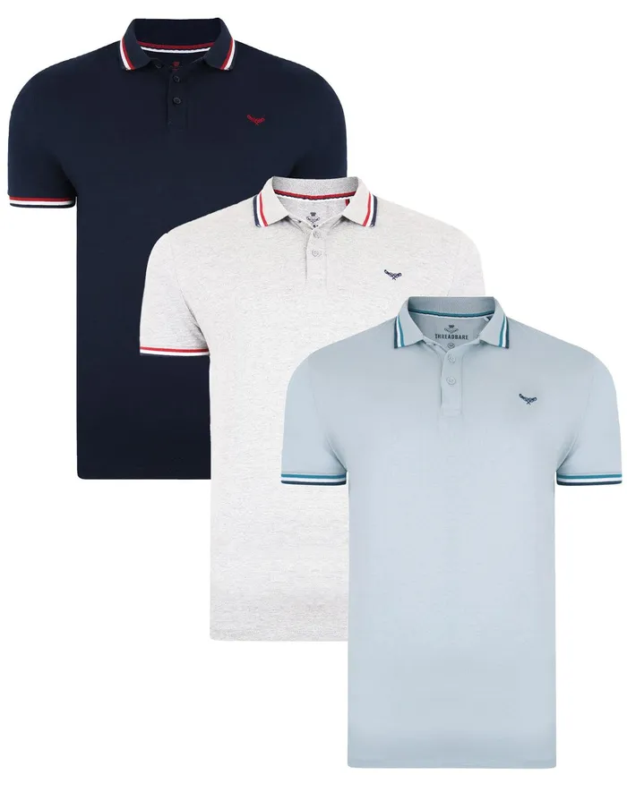 Men Multi Short Sleeve Polo Shirts 3 Pack NavyGrey MarlPurist Blue Threadbare Polo Shirts Men Multi Short Sleeve Polo Shirts 3 Pack NavyGrey MarlPurist Blue Threadbare Polo Shirts