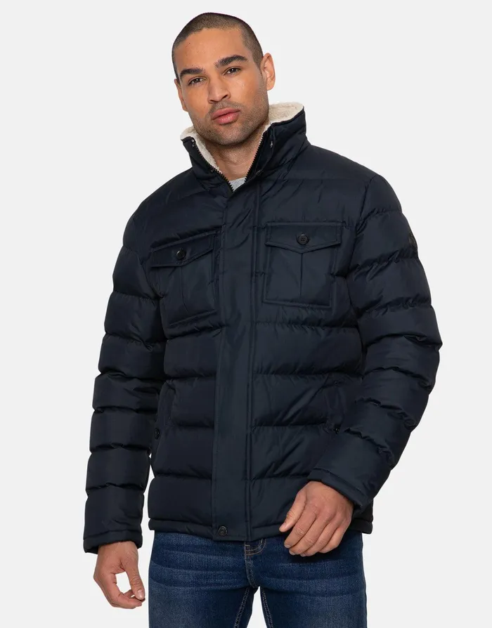 Men Navy Borg Funnel Neck Padded Coat Navy Threadbare Jacket and Coats