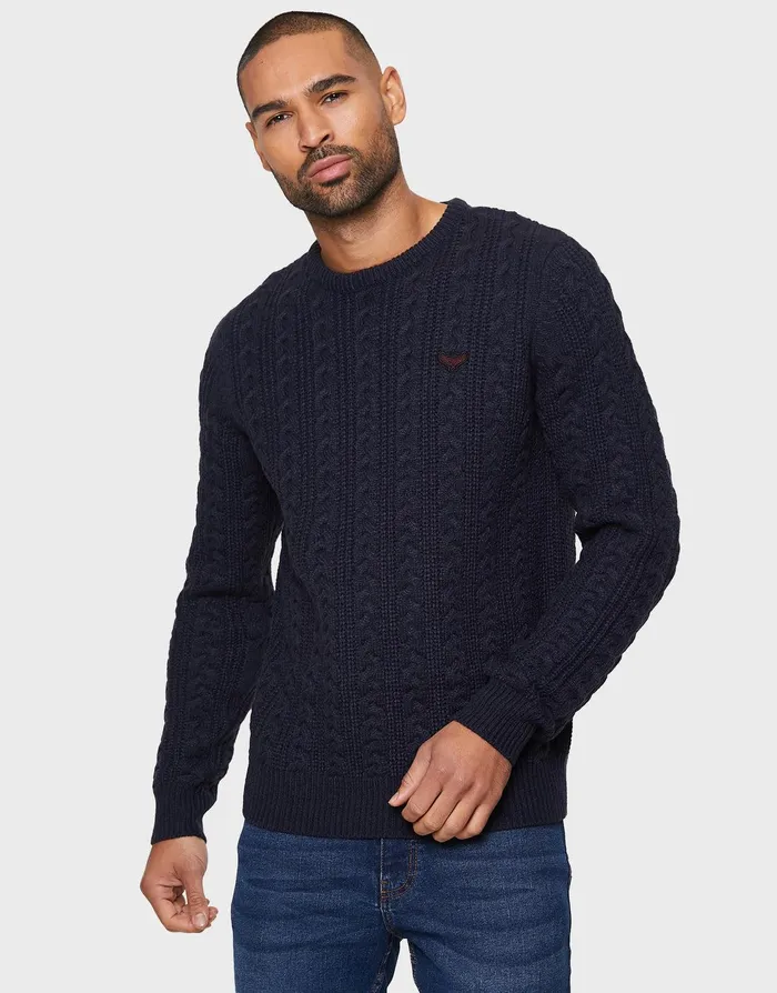Men Navy Cable Knit Jumper Navy Threadbare Knitwear