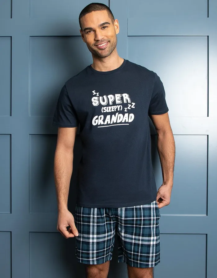 Men Navy Check Pyjama Short and TShirt 2Piece Set Navy Threadbare Pyjamas