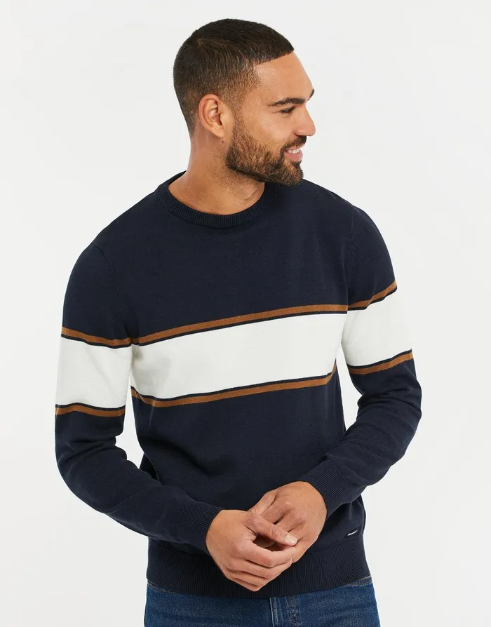 Men Navy Colourblock Crew Neck Jumper Navy Threadbare Knitwear