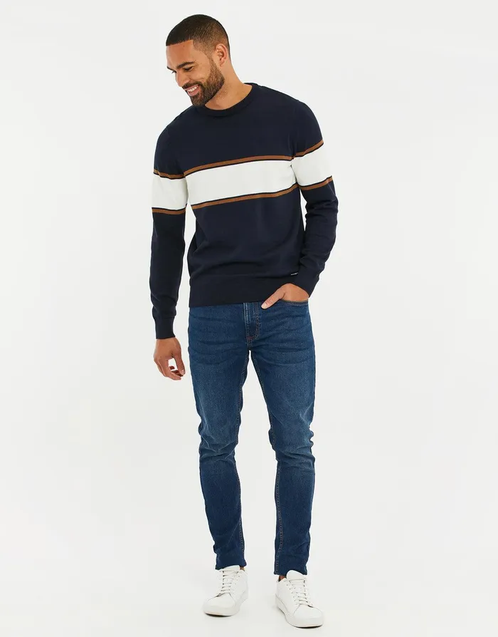Men Navy Colourblock Crew Neck Jumper Navy Threadbare Knitwear Men Navy Colourblock Crew Neck Jumper Navy Threadbare Knitwear