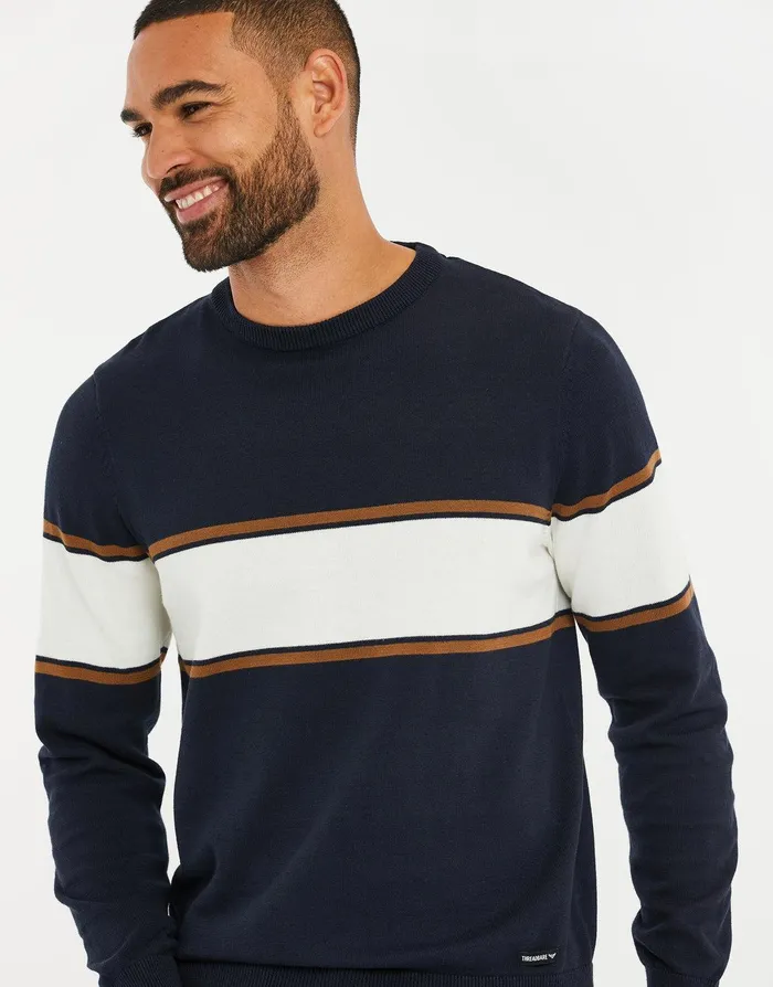 Men Navy Colourblock Crew Neck Jumper Navy Threadbare Knitwear Men Navy Colourblock Crew Neck Jumper Navy Threadbare Knitwear