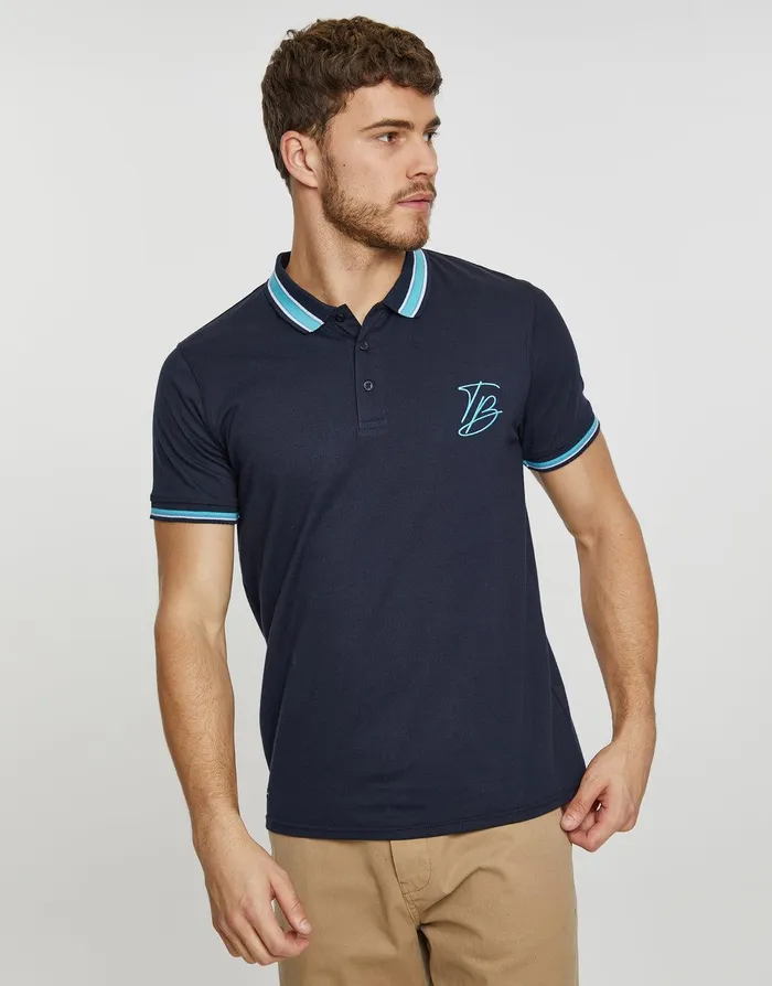 Men Navy Contrast Collar Branded Polo Shirt Navy Threadbare Polo Shirts