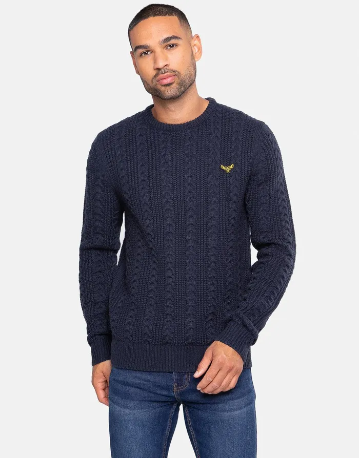 Men Navy Crew Neck Cable Jumper Navy Threadbare Knitwear