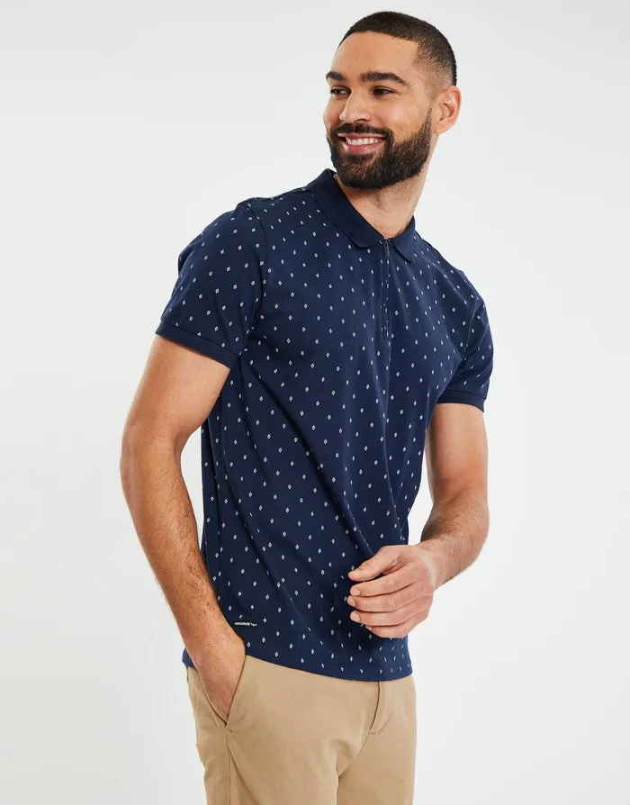 Men Navy Geometric Diamond Print Zip Collar Polo Shirt Navy Threadbare Polo Shirts
