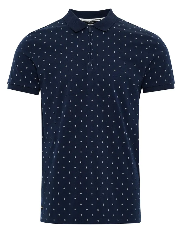 Men Navy Geometric Diamond Print Zip Collar Polo Shirt Navy Threadbare Polo Shirts Men Navy Geometric Diamond Print Zip Collar Polo Shirt Navy Threadbare Polo Shirts