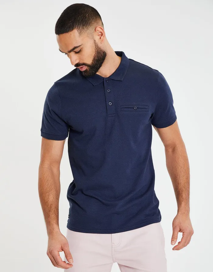 Men Navy Honeycomb Rib Jetted Pocket Polo Shirt Navy Threadbare Polo Shirts