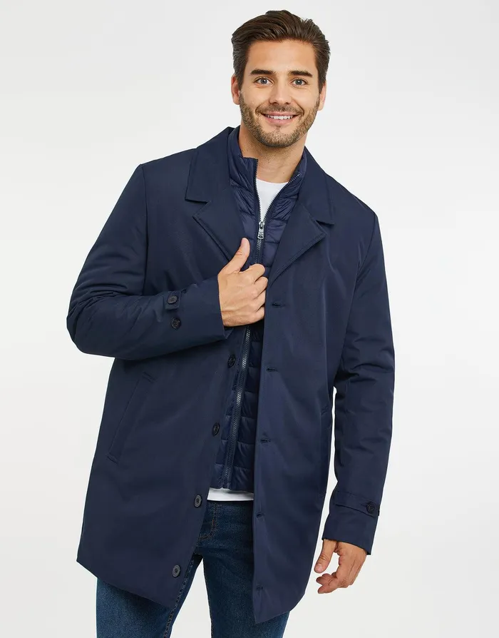 Men Navy Longline Mock Layer Mac Navy Threadbare Jacket and Coats