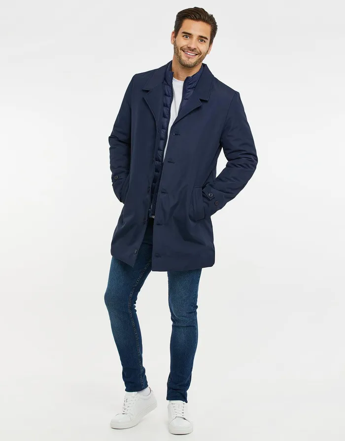 Men Navy Longline Mock Layer Mac Navy Threadbare Jacket and Coats Men Navy Longline Mock Layer Mac Navy Threadbare Jacket and Coats