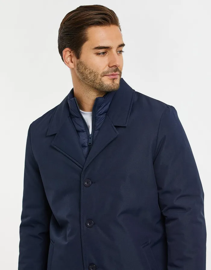 Men Navy Longline Mock Layer Mac Navy Threadbare Jacket and Coats Men Navy Longline Mock Layer Mac Navy Threadbare Jacket and Coats