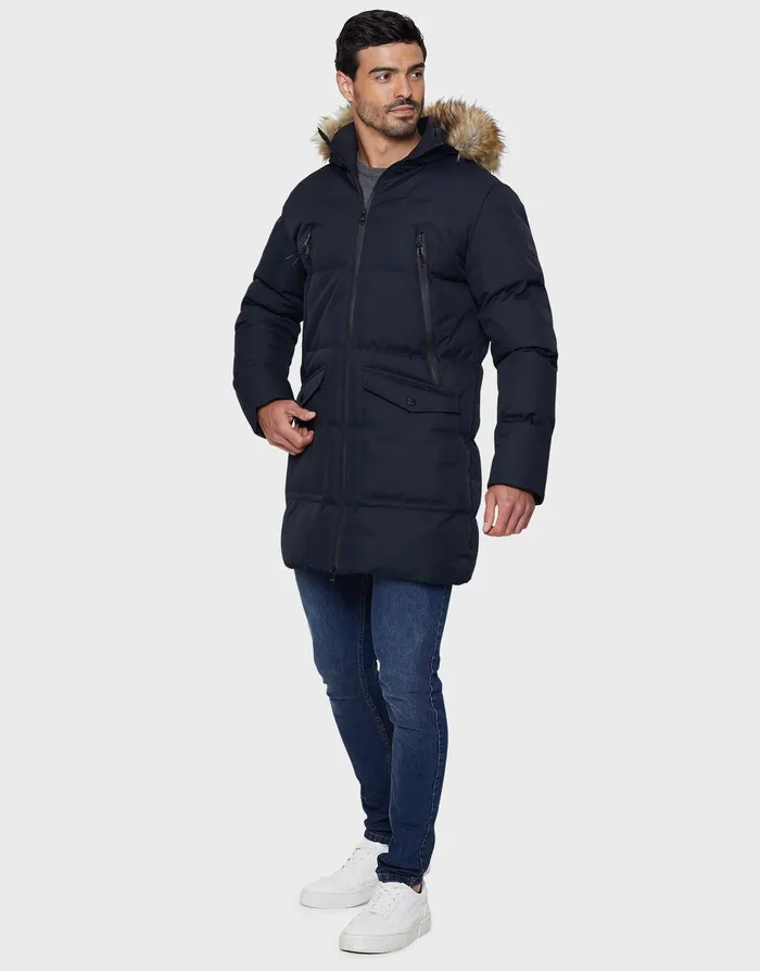 Men Navy Longline Padded Parka Coat Navy Threadbare Jacket and Coats