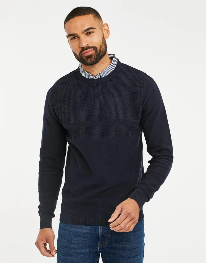 Men Navy Mock Shirt Knitted Jumper Navy Threadbare Knitwear