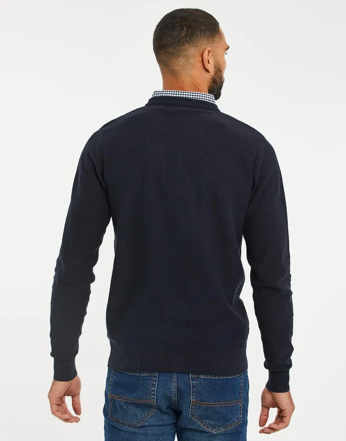 Men Navy Mock Shirt Knitted Jumper Navy Threadbare Knitwear