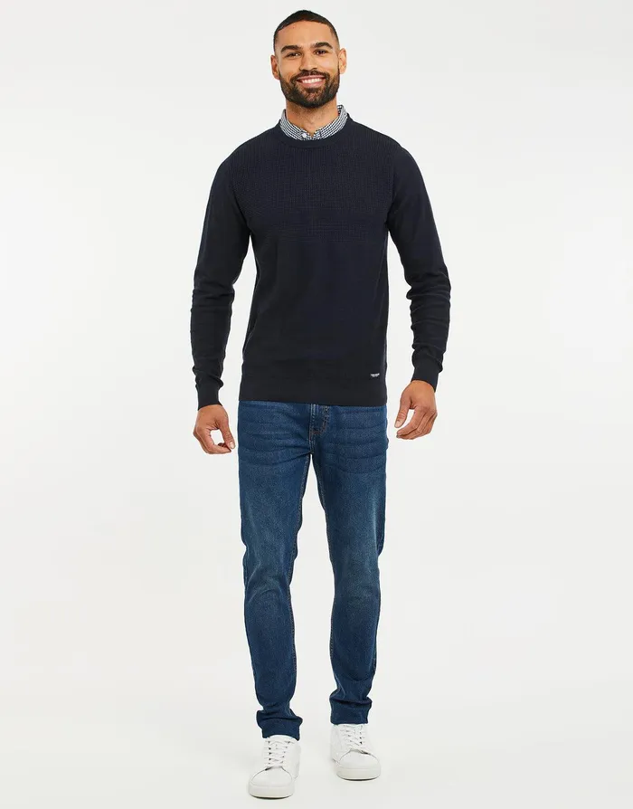 Men Navy Mock Shirt Knitted Jumper Navy Threadbare Knitwear